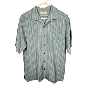 Tommy Bahama Shirt Mens Medium Light Green Striped Silk Textured Accent Outdoor
